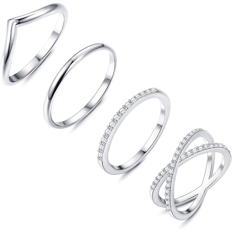 4pcs V Chevron X CZ Criss Cross Stackable Wedding Ring Set